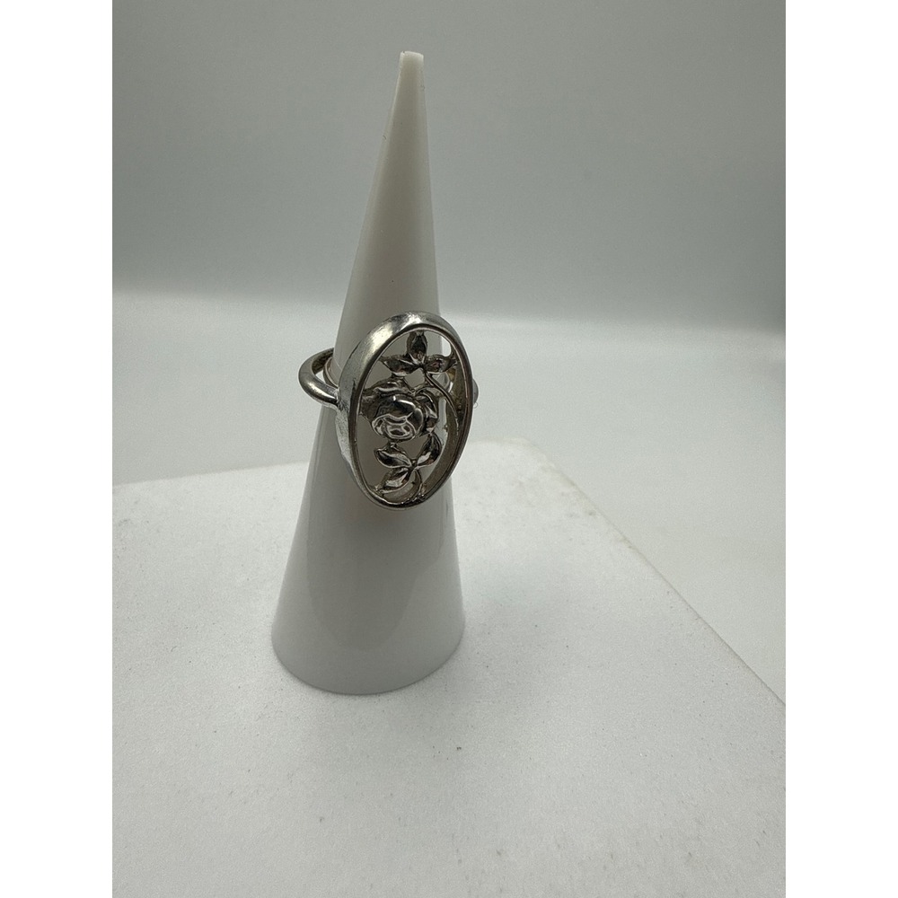 Vintage Avon Silver Tone Rose Floral Oval Openwork Ring Size 5.25